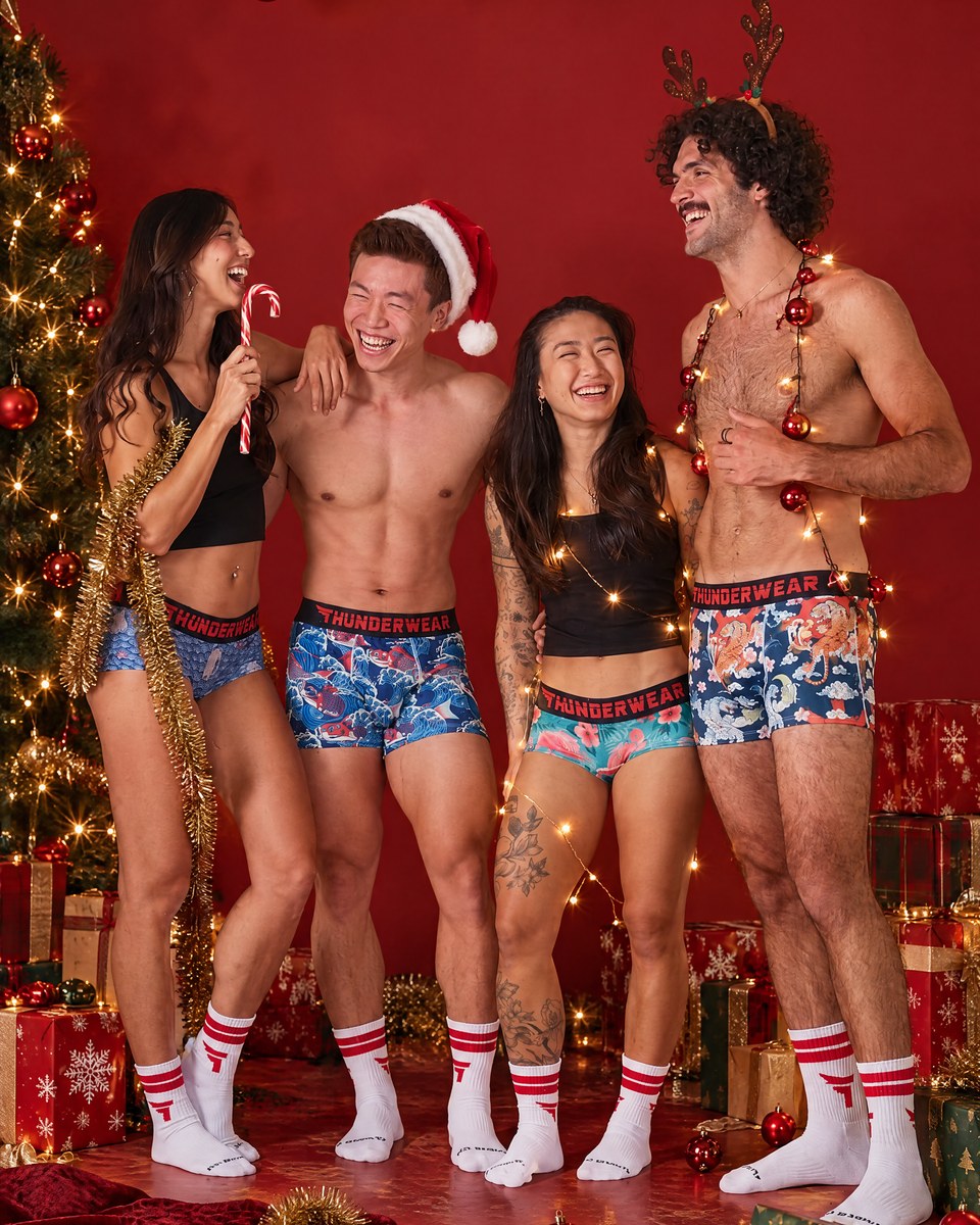 Four friends laughing in Christmas-themed Thunderwear underwear and striped socks
