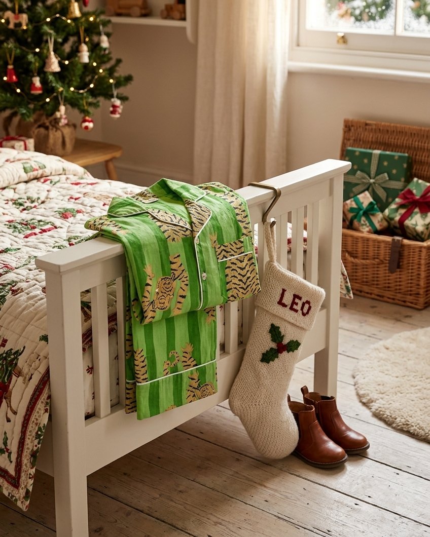 Green tiger-print children’s pyjamas hanging on a bed end beside a personalised Christmas stocking
